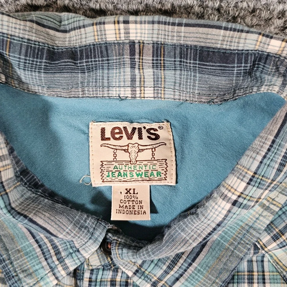 Vintage Levi's Plaid Western‎ Shirt Short Sleeve Pearl Snap Button Up Cowboy XL